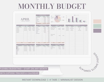 Monthly Budget Spreadsheet - Pastel | Google Sheets Budget Template, Monthly Budget Template, Monthly Planner, Financial Planner, Minimalist