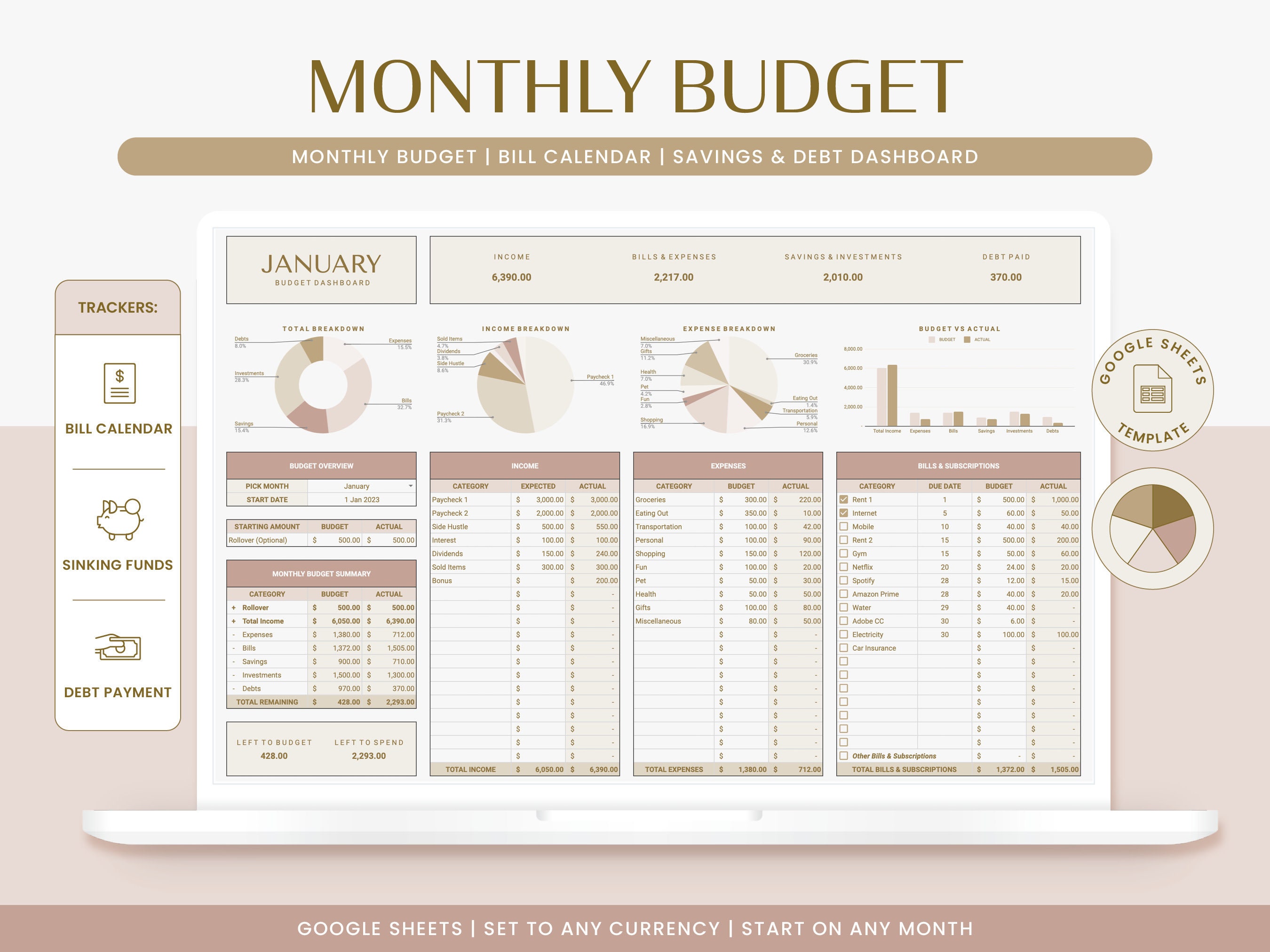 Monthly Budget Spreadsheet | Google Sheets Budget Template, Monthly Budget Template, Monthly Planner, Excel Financial Planner, Bill Tracker
