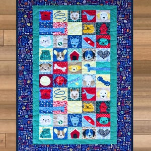 Courtepointe pour amoureux des chiens, courtepointe faite main sur le thème des chiens