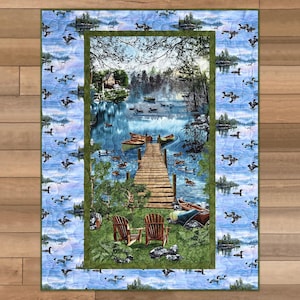 Lake Lap Quilt, Father&#39;s Day Gift, Quilt for Dad, Quilt for Man, Lake Vacation Lap Quilt, Cabin Quilt, Quilt with Cabin, Lake House Decor