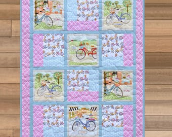 Bike Lap Quilt, Gift for Her, Bicycle Decor, Bicycle Quilt, Mother Gift Idea, Woman's Lap Quilt, Quilt with Bike Design