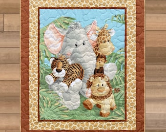 Edredón de animales de la selva para bebé, hecho a mano, decoración de guardería de género neutro (40 x 52 pulgadas)