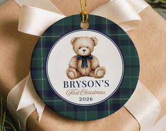 Teddy Bear First Christmas Ornament, New Baby, Baby Shower Gift, Preppy Tartan Bear Ceramic Decoration Ornament