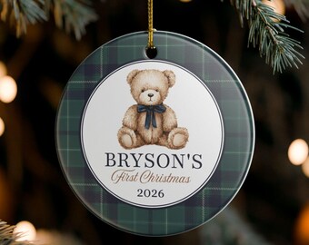 Teddy Bear First Christmas Ornament, New Baby, Baby Shower Gift, Preppy Tartan Bear Ceramic Decoration Ornament