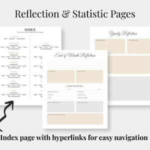 May include: A printable planner page with a light beige background and black text. The page is titled "End of Month Reflection" and includes sections for "Highlights", "Challenges", and "Card Statistics".