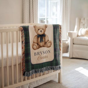 Personalized Teddy Bear Baby Blanket, Newborn Name Blanket, Custom Bear Plaid Blanket, Baby Boy Nursery Blanket, Classic Woven Keepsake Gift image 1
