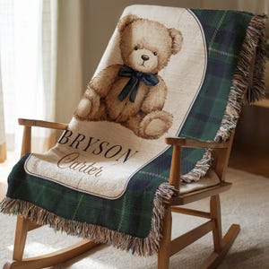 Personalized Teddy Bear Baby Blanket, Newborn Name Blanket, Custom Bear Plaid Blanket, Baby Boy Nursery Blanket, Classic Woven Keepsake Gift image 4