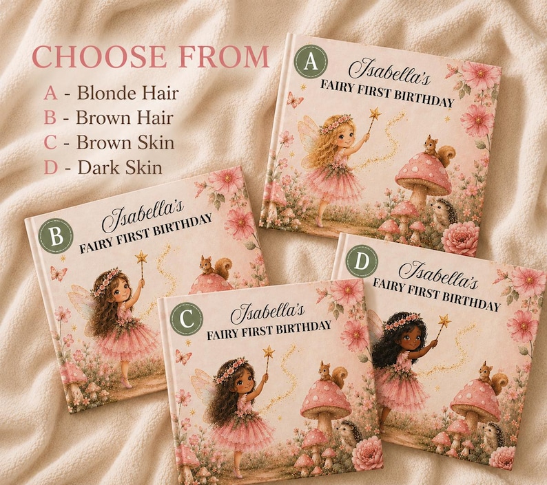 May include: Four square books titled Isabella's Fairy First Birthday, each featuring a fairy in a pink dress with a wand, mushrooms, and flowers. Options A, B, C, and D show variations in hair color and skin tone for the fairy character.