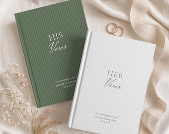 May include: Two hardcover vow books with a vertical ribbed texture. One book is sage green with white text reading HIS Vows, Olivia & Michael, 09.18.2027. The other is white with dark text reading HER Vows, Olivia & Michael, 09.18.2027.