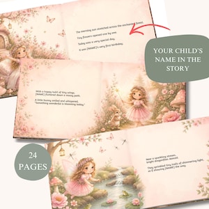 May include: A 24-page children's storybook featuring soft pink illustrations of a fairy in a forest. The pages show text about a first birthday, a bunny, and dragonflies. The book includes customizable name placeholders.