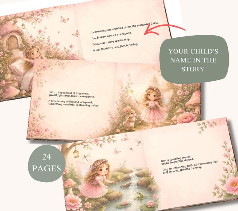 May include: A 24-page children's storybook featuring soft pink illustrations of a fairy in a forest. The pages show text about a first birthday, a bunny, and dragonflies. The book includes customizable name placeholders.