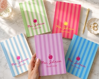Personalized Name Teacher Journal, Bright Stripes Notebook, Back to School Teacher Appreciation First Year Gift