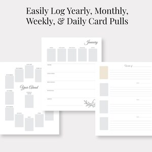 May include: Printable planner pages for tracking tarot card readings. The pages are designed to track readings by year, month, week, and day. The pages are white with gray lines and text.