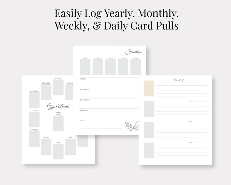 May include: Printable planner pages for tracking tarot card readings. The pages are designed to track readings by year, month, week, and day. The pages are white with gray lines and text.