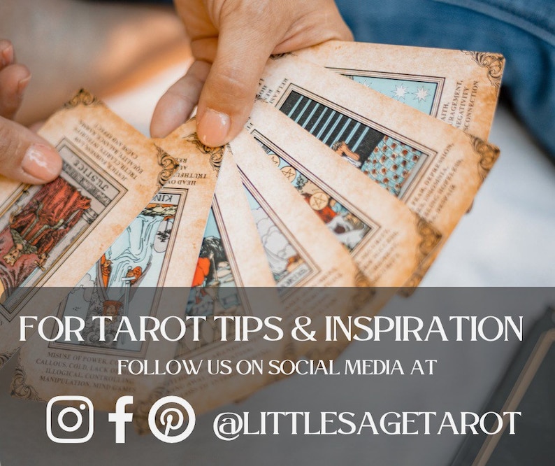 May include: A hand holding a spread of tarot cards, with the text "FOR TAROT TIPS & INSPIRATION FOLLOW US ON SOCIAL MEDIA AT @LITTLESAGETAROT".