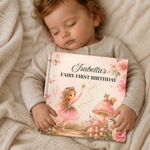 May include: A hardcover book titled Isabella's FAIRY FIRST BIRTHDAY featuring a whimsical illustration of a fairy, a squirrel, and a hedgehog among pink flowers and mushrooms, with butterflies and gold sparkles on the cover.