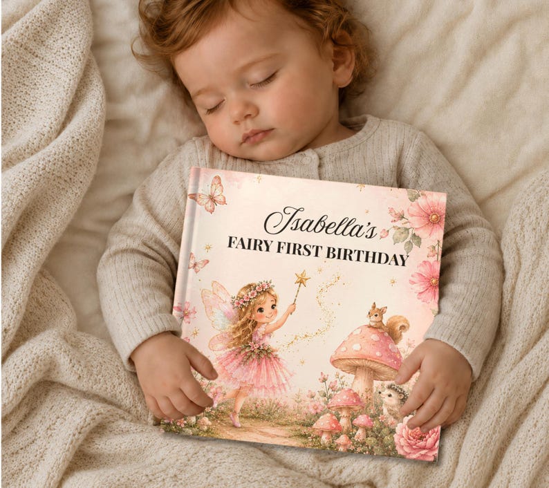 May include: A hardcover book titled Isabella's FAIRY FIRST BIRTHDAY featuring a whimsical illustration of a fairy, a squirrel, and a hedgehog among pink flowers and mushrooms, with butterflies and gold sparkles on the cover.