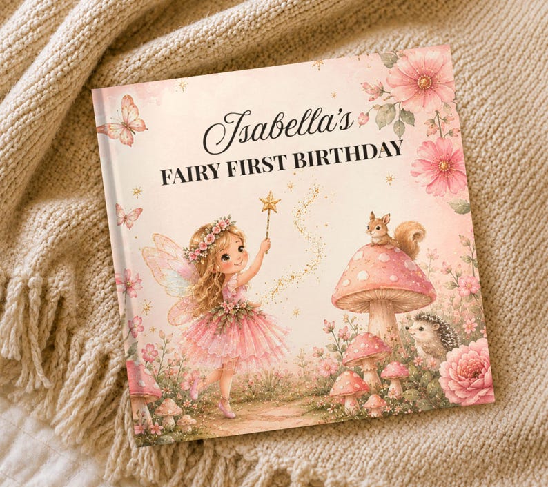 May include: A square hardcover book titled Isabella's FAIRY FIRST BIRTHDAY, featuring a pink illustration of a fairy with wings, a wand, a squirrel on a mushroom, a hedgehog, butterflies, and flowers on a soft pastel background.