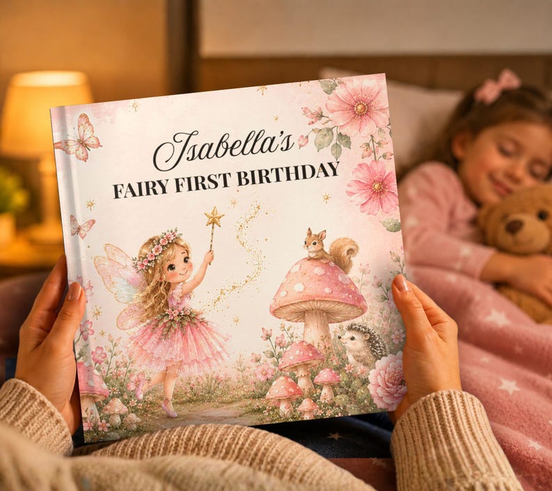 May include: A hardcover book titled Isabella's FAIRY FIRST BIRTHDAY featuring a whimsical illustration of a fairy with wings, a squirrel on a mushroom, a hedgehog, and pink flowers on a soft pastel background with gold sparkles.