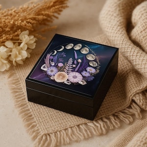 Celestial Tarot Box, Moon Phase Jewelry Box, Floral Design Organizer, Gift for Her, Meditation Accessory, Astrological Decor