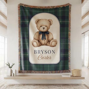 Personalized Teddy Bear Baby Blanket, Newborn Name Blanket, Custom Bear Plaid Blanket, Baby Boy Nursery Blanket, Classic Woven Keepsake Gift image 5