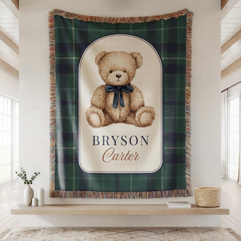 Personalized Teddy Bear Baby Blanket, Newborn Name Blanket, Custom Bear Plaid Blanket, Baby Boy Nursery Blanket, Classic Woven Keepsake Gift image 5