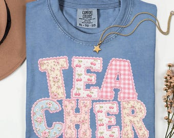 Pink Teacher Shirt, Vintage Patchwork Teacher Tee, Faux Embroidery Comfort Colors®, Back to School Teacher Gift