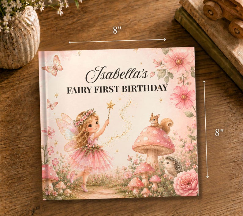 May include: A square book titled Isabella's FAIRY FIRST BIRTHDAY, measuring 8 inches by 8 inches. The cover features a fairy with wings, a wand, and a pink dress, surrounded by mushrooms, flowers, a squirrel, and a hedgehog in soft pink tones.