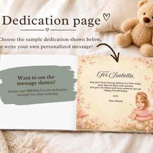 May include: An open book with a dedication page featuring a fairy illustration, pink flowers, and mushrooms. The text reads: For Isabella, May your heart always believe in a little magic, your days be filled with wonder, and your life bloom with love.