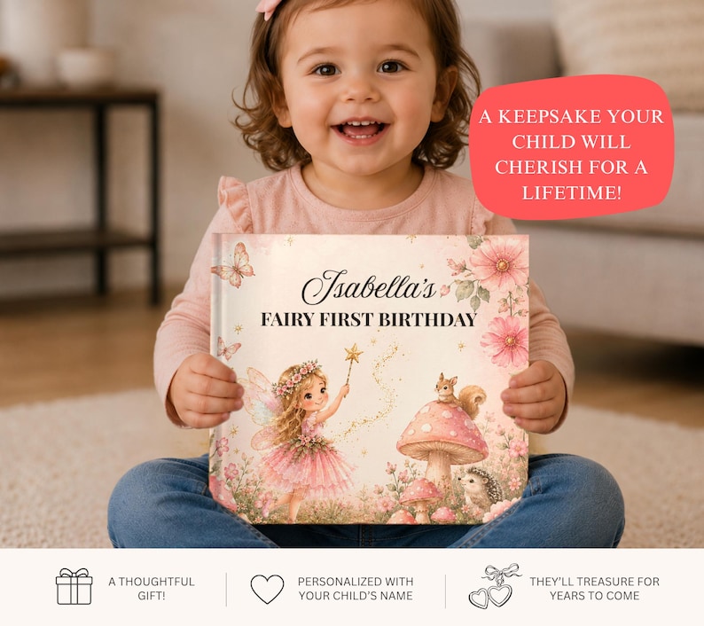 May include: A hardcover book titled Isabella's Fairy First Birthday, featuring a whimsical illustration of a fairy with a wand, a squirrel on a mushroom, and a hedgehog, surrounded by pink flowers and butterflies on a light background.