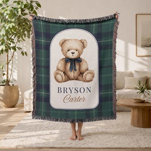 Personalized Teddy Bear Baby Blanket, Newborn Name Blanket, Custom Bear Plaid Blanket, Baby Boy Nursery Blanket, Classic Woven Keepsake Gift image 2
