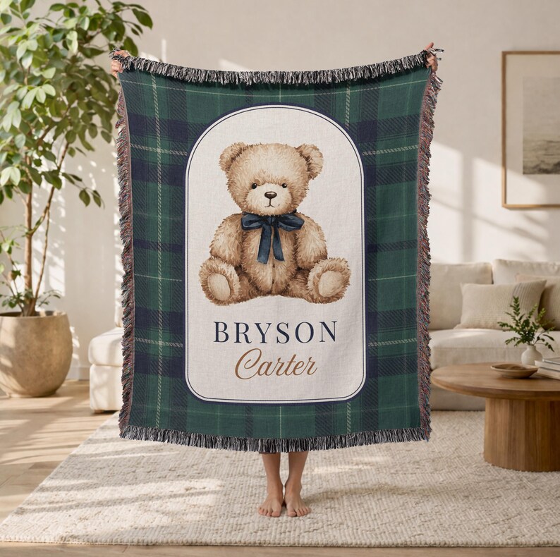 Personalized Teddy Bear Baby Blanket, Newborn Name Blanket, Custom Bear Plaid Blanket, Baby Boy Nursery Blanket, Classic Woven Keepsake Gift image 2