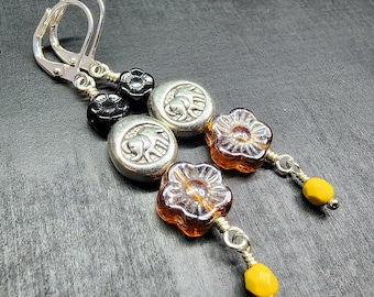 Bali Style Elephant Earrings • Czech Glass Flower Earrings in Black, Topaz & Yellow • Long Beaded Dangle Earrings • Tibet Boho Gifts For Her