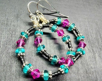 Sparkly Seed Bead Hoop Earrings • Fuscia Swarovski Crystals With Teal & Black Czech Glass Beads • Handmade Beaded Hoops • Boho Gifts For Her