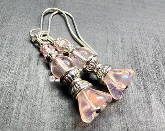 Spring Bellflower Dangle Earrings in Pastel Pink • Beaded Czech Glass Flower Jewelry • Crystal Drop Floral Earrings • Art Nouveau Mom Gifts