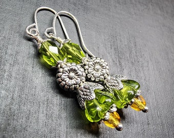 Silver & Peridot Crystal Flower Bell Earrings • Beaded Czech Glass Tulip Jewelry • Dangly Daisy Floral Earrings • Art Nouveau Gifts For Her