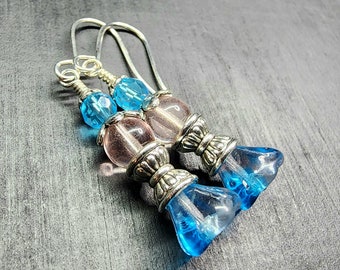 Pink & Blue Two-tone Crystal Bell Flower Earrings • Beaded Czech Glass Tulip Jewelry • Drop Floral Earrings • Mother's Days Gifts For Her