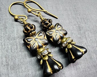 Black & Gold Inlay Floral Butterfly Earrings • Antiqued Brass Czech Glass Flower Jewelry • Vintage Style Rhinestone Earrings • Gifts For Her