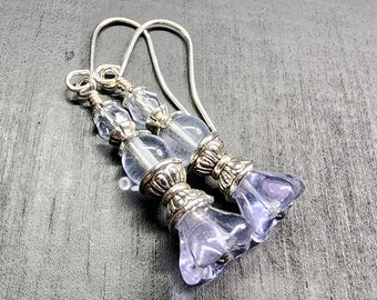 Alexandrite & Sapphire Luster Flowerbell Earrings • Beaded Czech Glass Flower Jewelry • Crystal Drop Floral Earrings • Woodland Mom Gifts