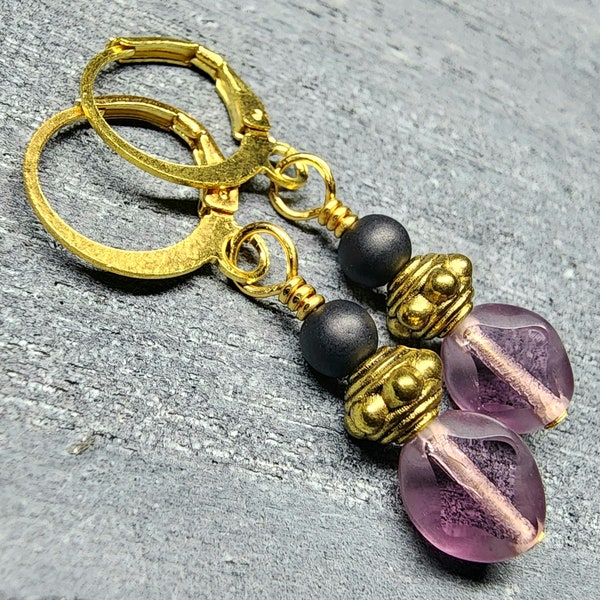 Handmade Beaded Earrings Wire Wrapped Gold Jewelry Artisan Gifts Minimalist Simple Small Petite Purple Black Czech Glass Beads Leverback