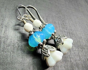 White & Blue Flower Bell Drop Earrings • Beaded Czech Glass Crystal Floral Jewelry • Art Nouveau Gifts For Her • Woodland Dangle Earrings