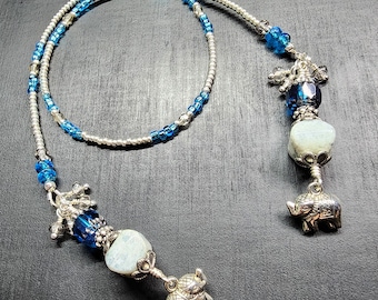 Dangly Beaded 3D Elephant Bookmark With Navy Cobalt Sapphire Aqua Blue & Silver Czech Glass Beads • Boho Animal Seed Bead Bookthong • Gifts