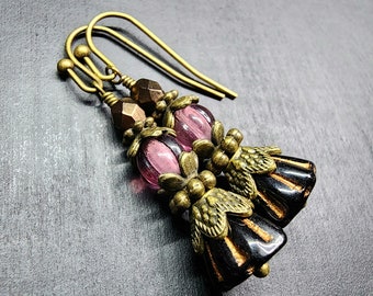 Flower Pod Earrings With Jet Black, Amethyst Purple & Metallic Bronze Czech Glass Beads • Beaded Antiqued Brass Earrings • Vintage Style