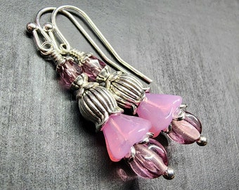 Amethyst & Milky Rose Bellflower Earrings • Beaded Flowerbell Jewelry • Dangly Little Campanula Drop Earrings • Art Nouveau Gifts For Her