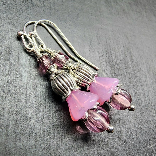 Amethyst & Milky Rose Bellflower Earrings • Beaded Flowerbell Jewelry • Dangly Little Campanula Drop Earrings • Art Nouveau Gifts For Her