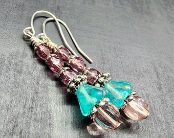 Crystal Flower Stem Earrings • Beaded Stack Earrings • Art Nouveau Floral Stick Jewelry • Amethyst, Turquoise, Pink Czech Glass Flower Beads