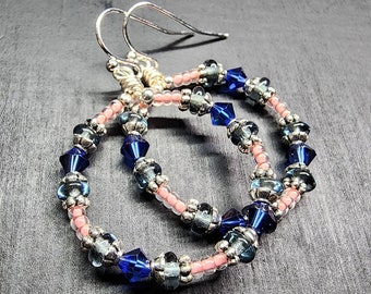 Seed Bead Hoop Earrings • Dainty Beaded Hoops • Indigo Swarovski Crystals, Montana Blue Czech Glass & Salmon Pink Beads • Boho Gifts For Her