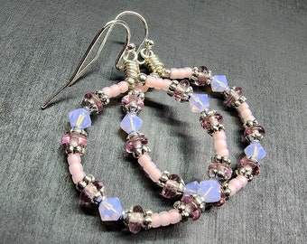 Swarovski Crystal Beaded Hoop Earrings • Seed Bead Hoop Jewelry • Rose Water Opal, Amethyst Czech Glass & Baby Pink Beads • Boho Chic Hoops