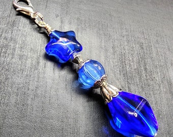 Charm étoile argenté et bleu cobalt à tirette • Porte-clés pour sac à main céleste en perles • Perles de verre tchèques • Porte-clés • Cadeaux brillants pour elle