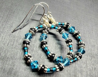 Handmade Wire Wrapped Seed Bead Hoop Earrings • Trendy Boho Beaded Jewelry Hoops • Dainty Dangle • Silver, Teal Blue & Black • Gifts For Her